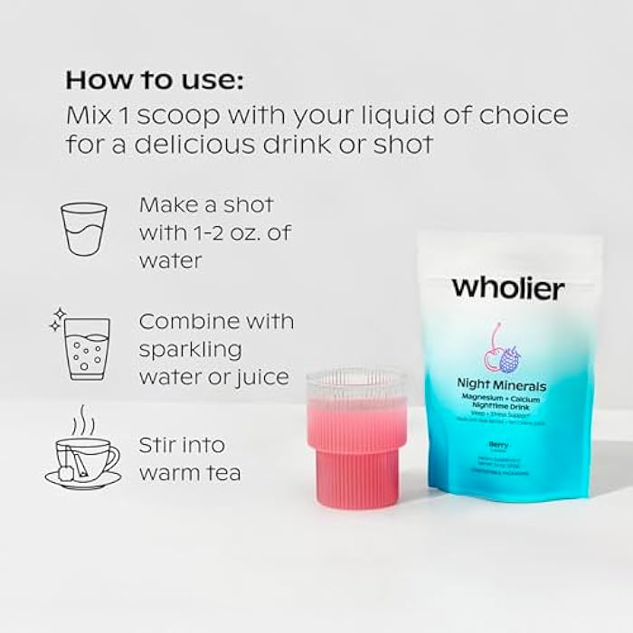 wholier Magnesium Glycinate, Tart Cherry Juice, Chelated Calcium. Calming Nighttime Drink. Natural Support for Sleep, Stress + Relaxation. Night Minerals. (About 25 Servings) - Image 4