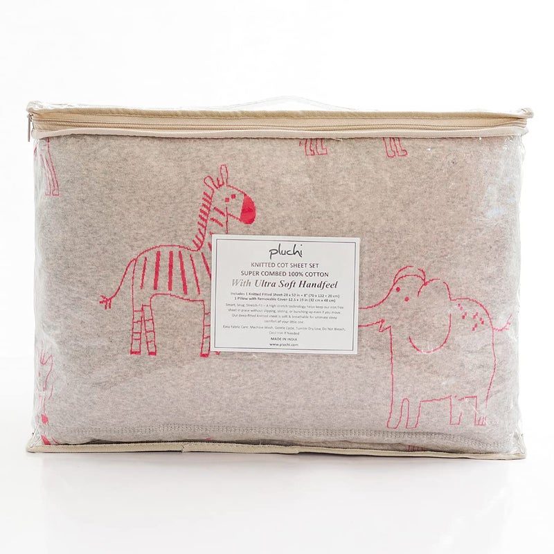 Pluchi Jungle Safari Cotton Knitted Crib/Cot Fitted Sheet with Pillow for Babies in Vanilla Grey Color (70 cm x 132 cm) - Image 5
