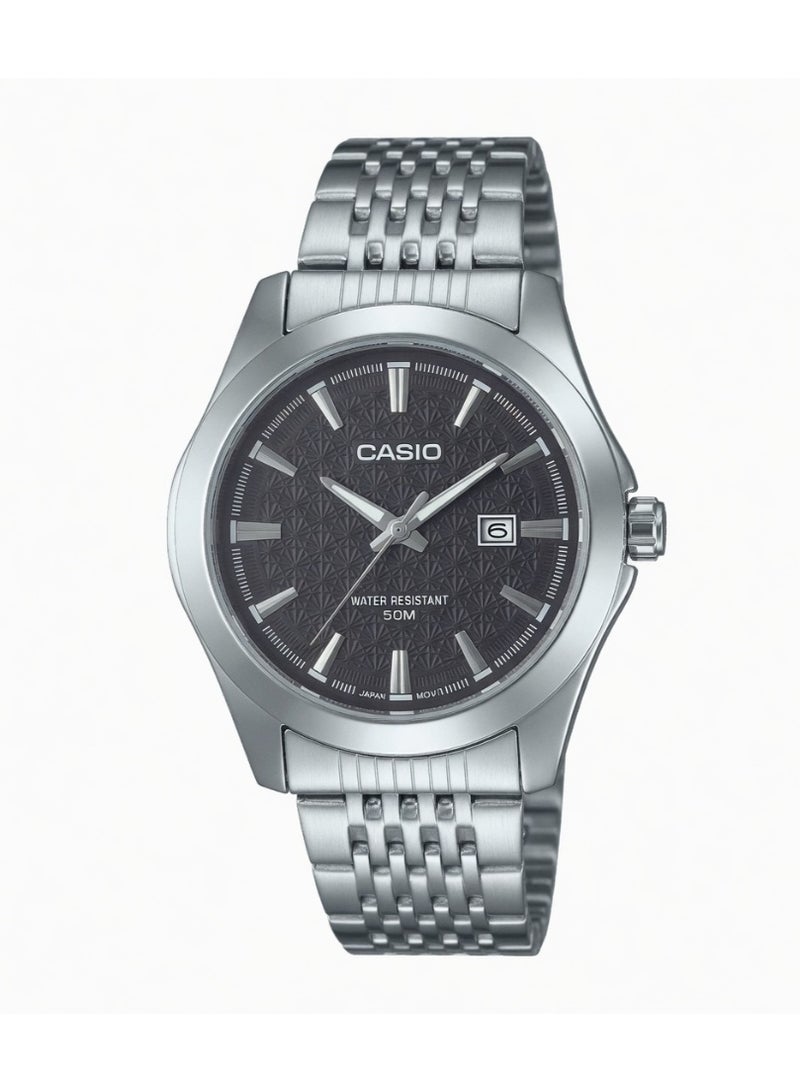 Casio Enticer Men’s Dress Watch with Black Geometric Pattern Dial and Stainless Steel Bracelet - Model MTP-VD03D-1B