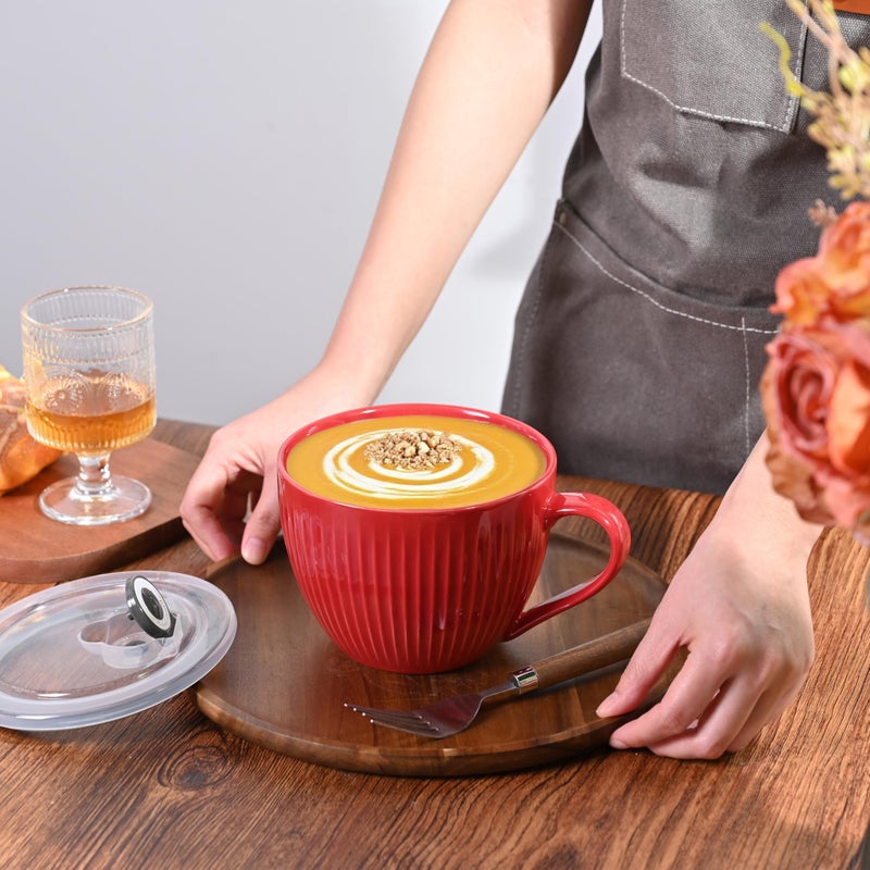Hoilse Ceramic Soup Mug With Lid  24Oz Large Soup Cup With Handle  Microwave Soup Bowl For Breakfast Cereal  Oatmeal  Overnight Oats  Coffee  Salad  Dishwasher Safe Housewarming Wedding Gift  1Pc (Red) - Image 4