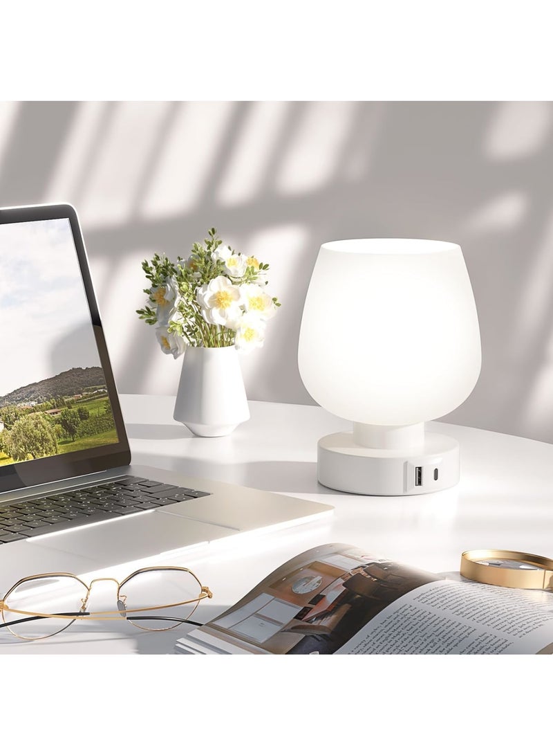 Zikra Touch Bedside Table Lamp with Glass Shade, Dual USB A+C Charging Ports, Nightstand Lamp, 3-Way Dimmable, Bulb Included, Bedroom Nightstand & Living Room Essential, White - Image 1