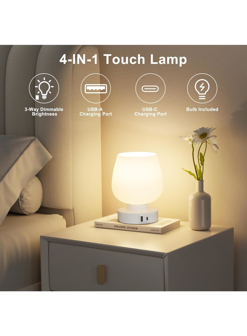 Zikra Touch Bedside Table Lamp with Glass Shade, Dual USB A+C Charging Ports, Nightstand Lamp, 3-Way Dimmable, Bulb Included, Bedroom Nightstand & Living Room Essential, White - Image 3
