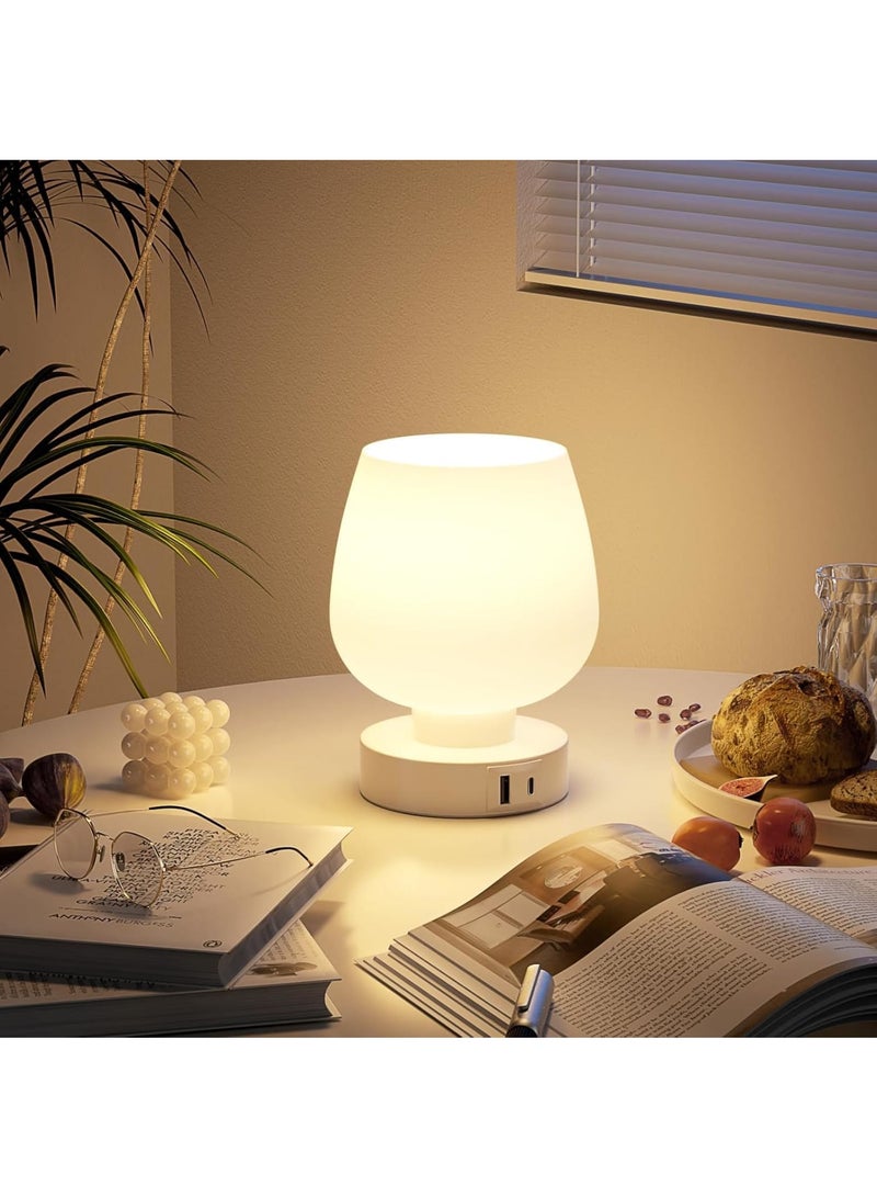 Zikra Touch Bedside Table Lamp with Glass Shade, Dual USB A+C Charging Ports, Nightstand Lamp, 3-Way Dimmable, Bulb Included, Bedroom Nightstand & Living Room Essential, White - Image 2