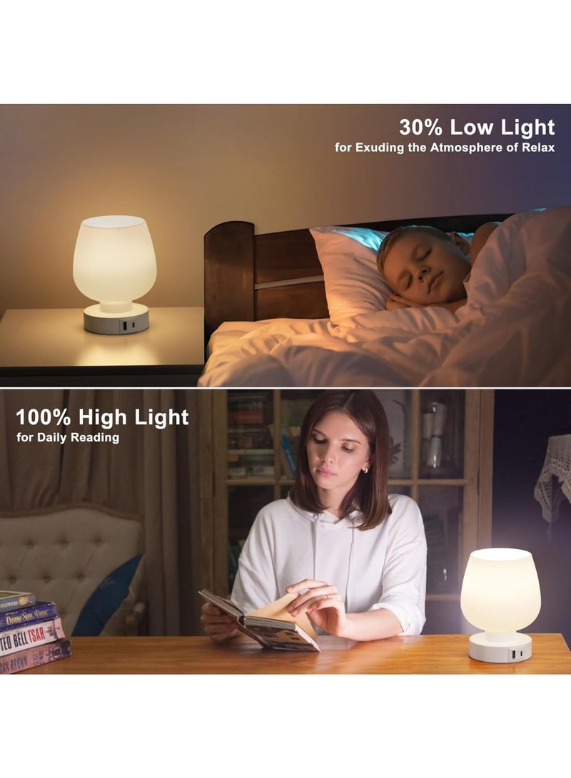 Zikra Touch Bedside Table Lamp with Glass Shade, Dual USB A+C Charging Ports, Nightstand Lamp, 3-Way Dimmable, Bulb Included, Bedroom Nightstand & Living Room Essential, White - Image 4