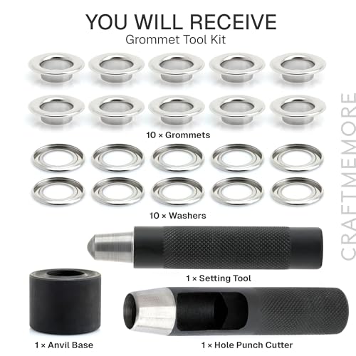CRAFTMEMORE 3/8" Grommet Tool Kit Eyelet Setting Tool Grommet Setter Hole Punch Cutter & Pack of 10 Grommets (3/8" (10mm) Inside Diameter) - Image 3