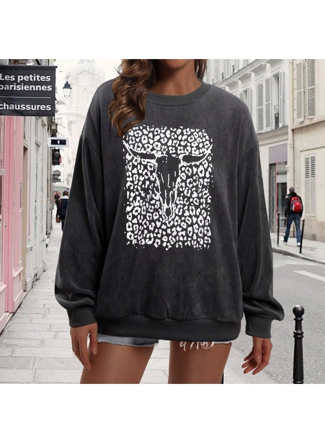 UNIQUEONE Boho Cow Skull Sweatshirt Women: Oversized Vintage Western Rodeo Graphic Tee Country Concert Outfits Pullover Tops Gray - Image 3