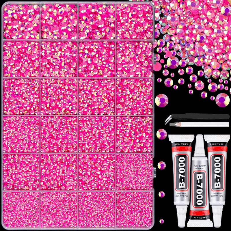 TINKRSTUFF 25000Pcs Resin Jelly Rhinestones with Tweezers for Crafting, Hot Pink AB Flatback Gems, Bedazzling Crystal with 3Pcs 10ml B7000 Jewelry Glue for DIY Crafts Clothing Tumblers Shoes Fabric Nail Art - Image 1