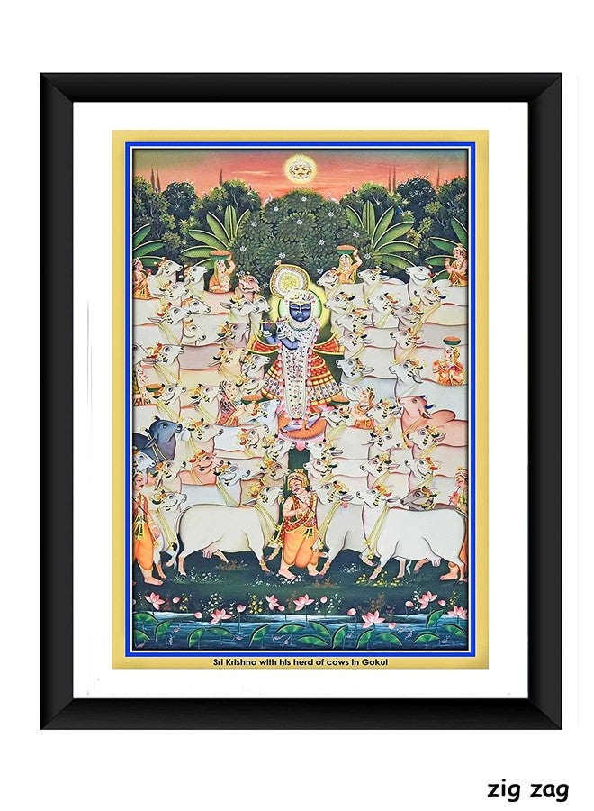 ZIG-ZAG zig zag PICHWAI Painting Picture Framed Size Medium Wall Mount (14x20, Shrinathji with Cows in Gokul) - Image 2