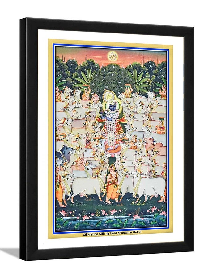 ZIG-ZAG zig zag PICHWAI Painting Picture Framed Size Medium Wall Mount (14x20, Shrinathji with Cows in Gokul) - Image 1