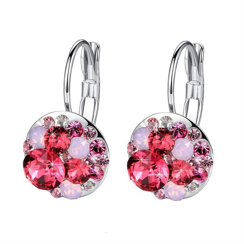 EVEVIC Multicolored Austrian Crystal Earrings for Women 14K Gold Plated Leverback Dangle Hoop Earrings (Pink Red Crystals/Silver-tone) - Image 1