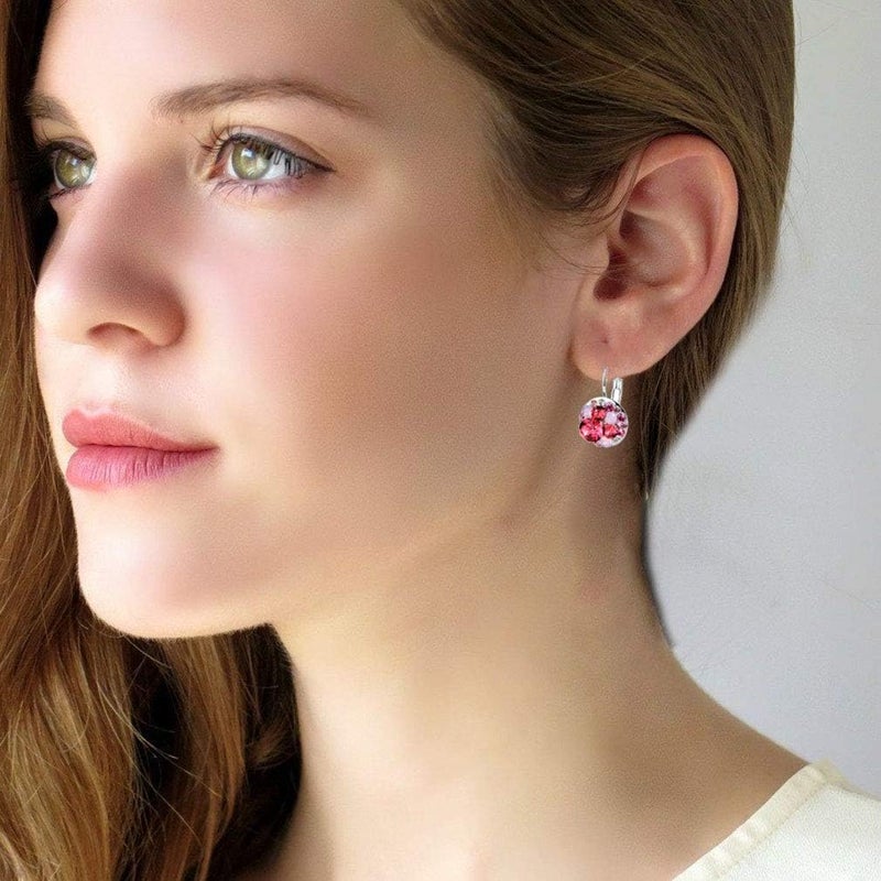 EVEVIC Multicolored Austrian Crystal Earrings for Women 14K Gold Plated Leverback Dangle Hoop Earrings (Pink Red Crystals/Silver-tone) - Image 2