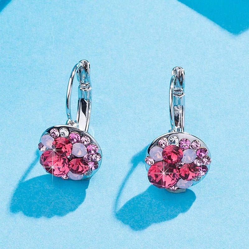 EVEVIC Multicolored Austrian Crystal Earrings for Women 14K Gold Plated Leverback Dangle Hoop Earrings (Pink Red Crystals/Silver-tone) - Image 3