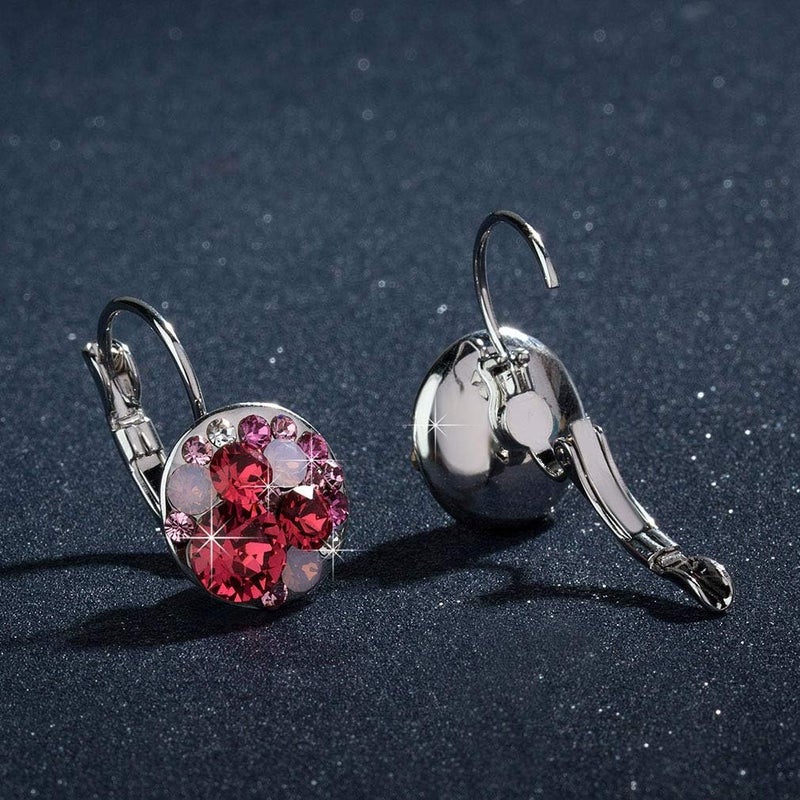 EVEVIC Multicolored Austrian Crystal Earrings for Women 14K Gold Plated Leverback Dangle Hoop Earrings (Pink Red Crystals/Silver-tone) - Image 5