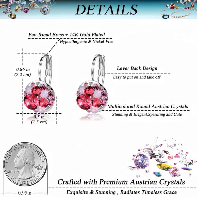 EVEVIC Multicolored Austrian Crystal Earrings for Women 14K Gold Plated Leverback Dangle Hoop Earrings (Pink Red Crystals/Silver-tone) - Image 4