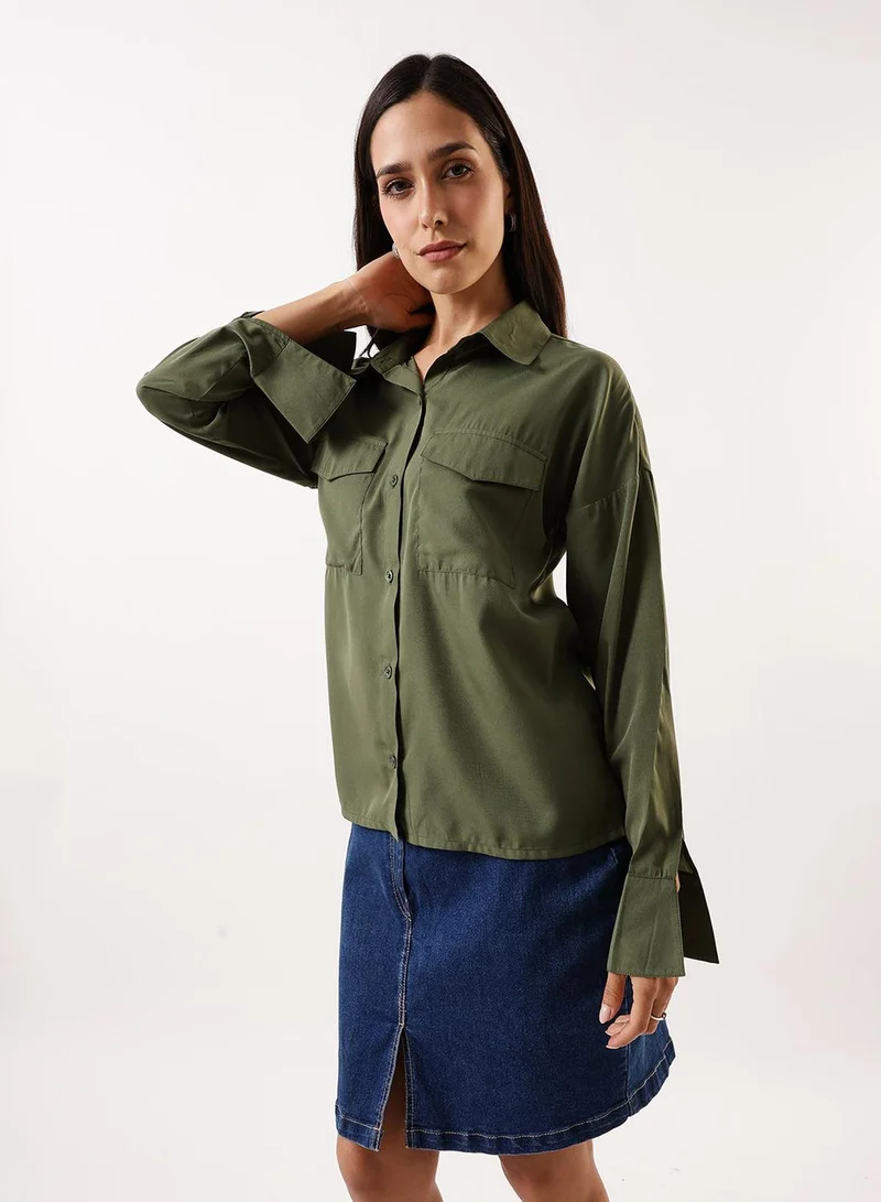 Dennis Lingo Women's Bronze Green Poly Crepe Solid Button Down Regular Fit Shirt