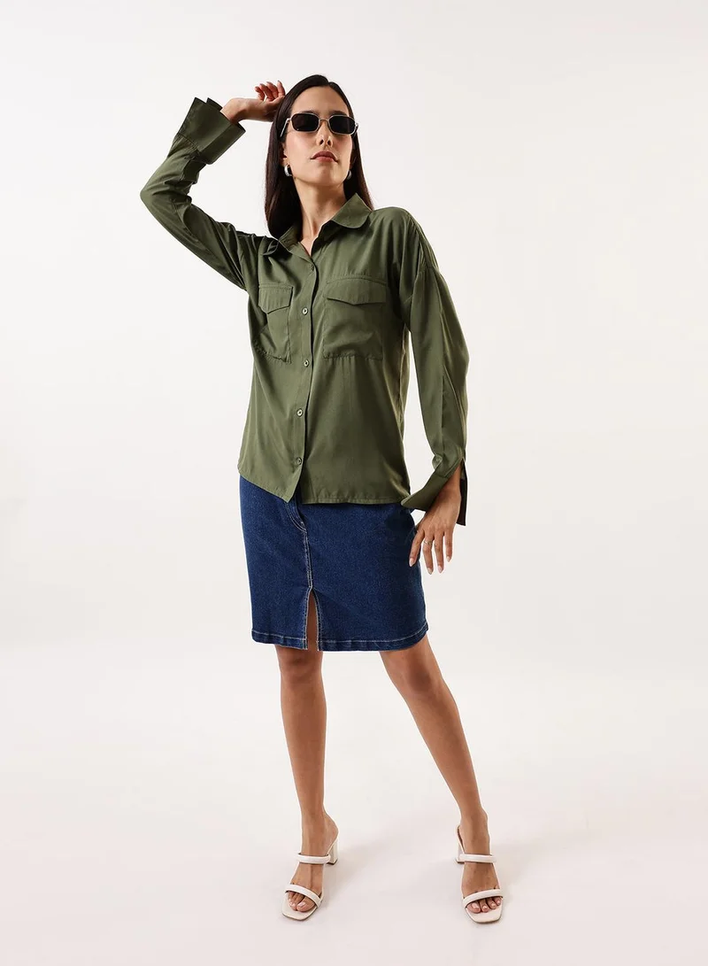 Dennis Lingo Women's Bronze Green Poly Crepe Solid Button Down Regular Fit Shirt