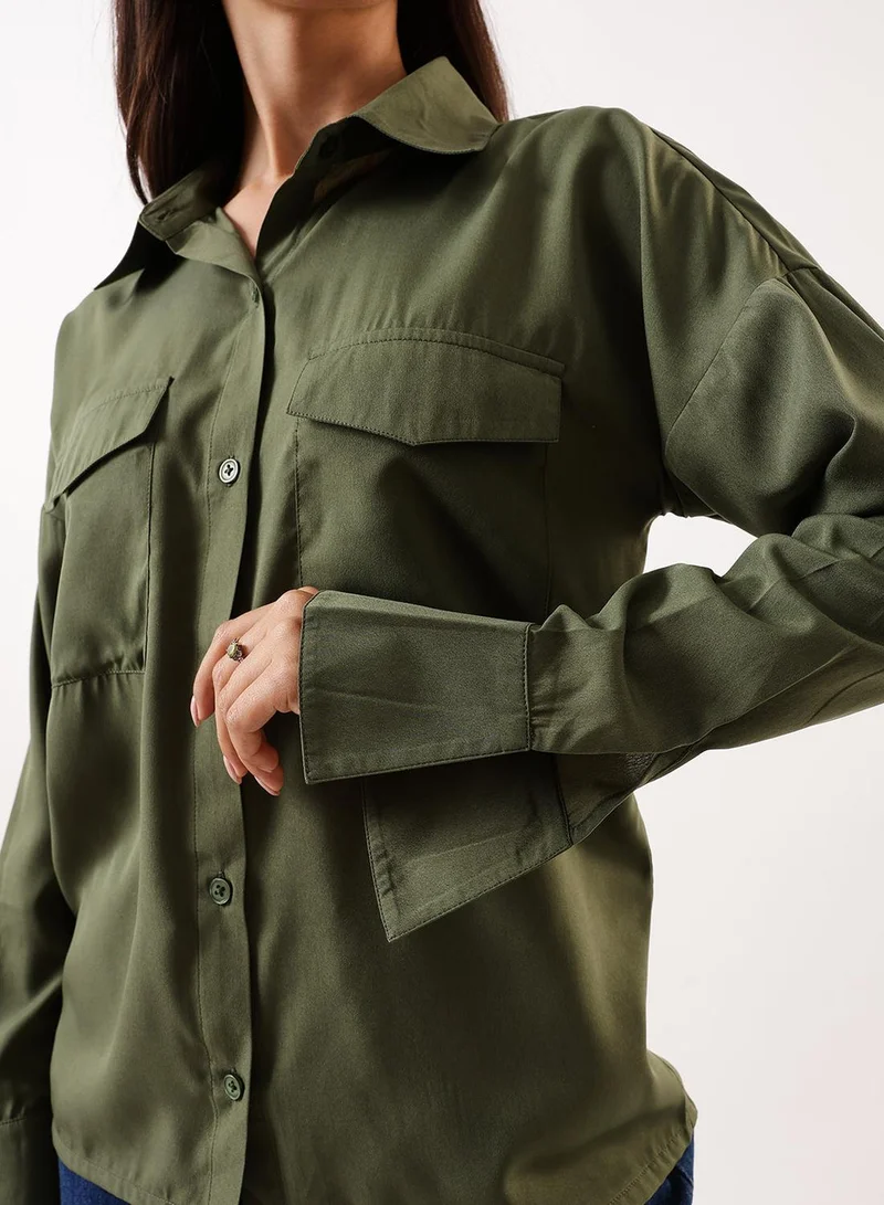 Dennis Lingo Women's Bronze Green Poly Crepe Solid Button Down Regular Fit Shirt