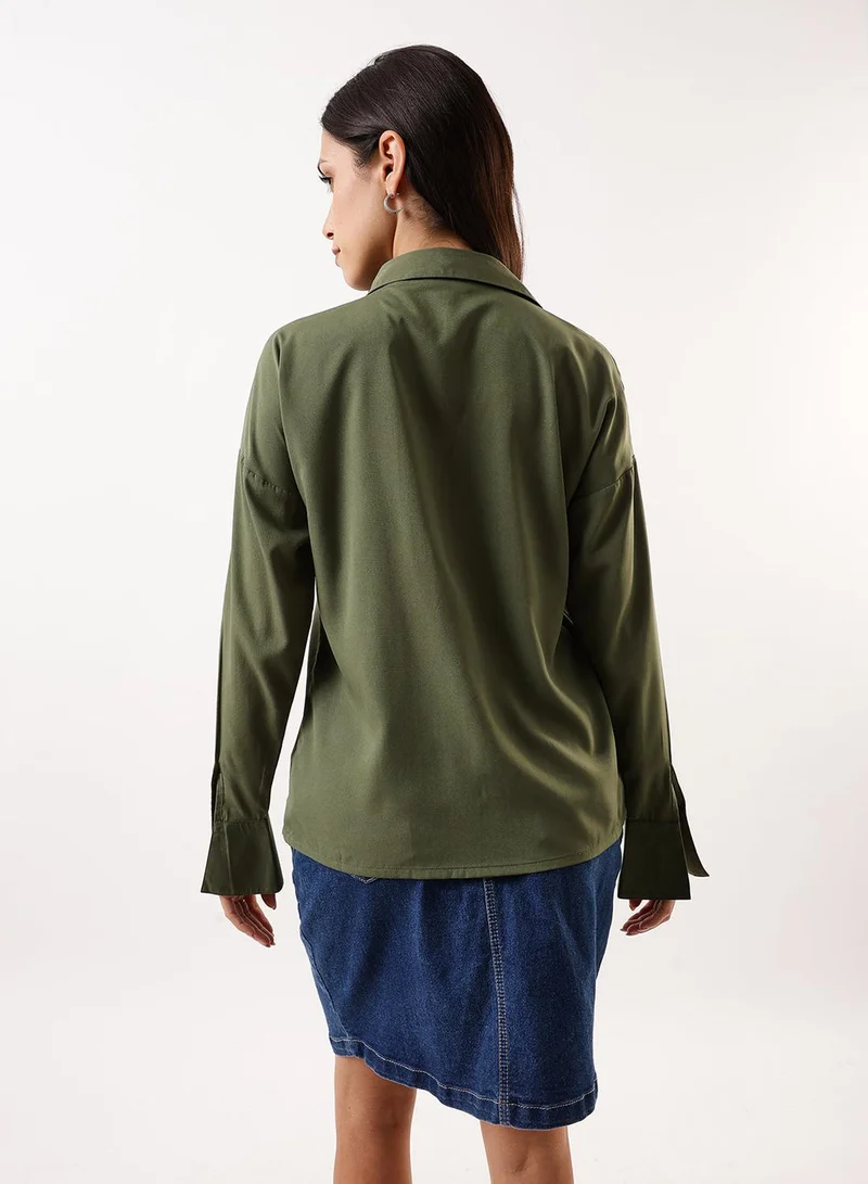 Dennis Lingo Women's Bronze Green Poly Crepe Solid Button Down Regular Fit Shirt