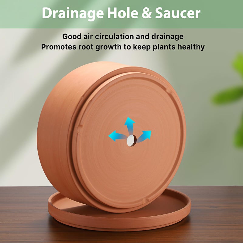 Juxyes 10 Inch Terracotta Shallow Pot With Holes And Saucers  Round Cylinder Succulent Planter Clay Flower Pots For Indoor And Outdoor Use  Decorative Bonsai Succulent For Mini Foliage Plants Orchids - Image 4