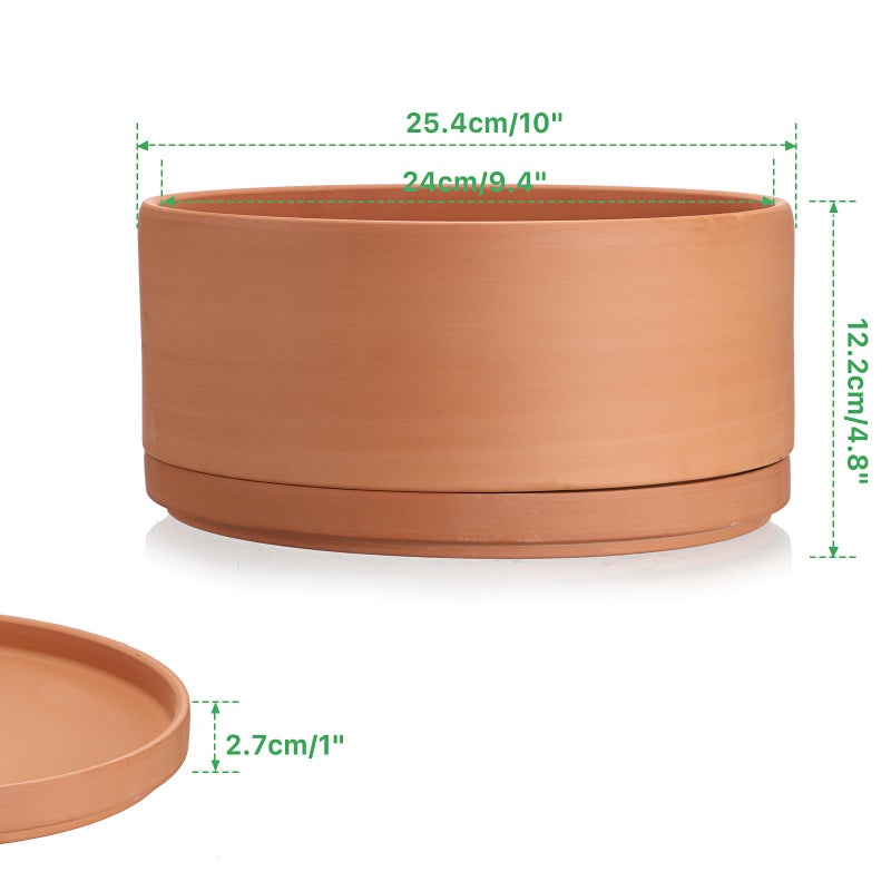 Juxyes 10 Inch Terracotta Shallow Pot With Holes And Saucers  Round Cylinder Succulent Planter Clay Flower Pots For Indoor And Outdoor Use  Decorative Bonsai Succulent For Mini Foliage Plants Orchids - Image 2