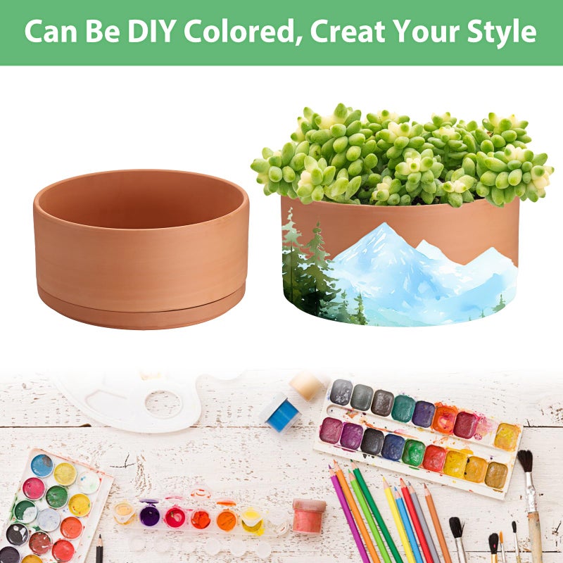 Juxyes 10 Inch Terracotta Shallow Pot With Holes And Saucers  Round Cylinder Succulent Planter Clay Flower Pots For Indoor And Outdoor Use  Decorative Bonsai Succulent For Mini Foliage Plants Orchids - Image 5
