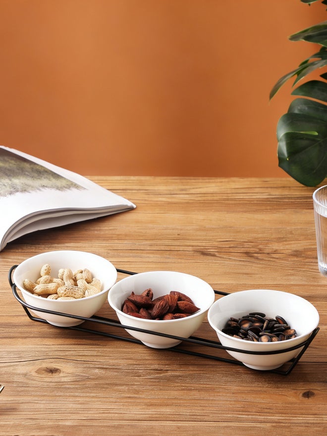Shallow 3-Piece Round Porcelain Bowls with Metal Stand, 13cm - Image 3