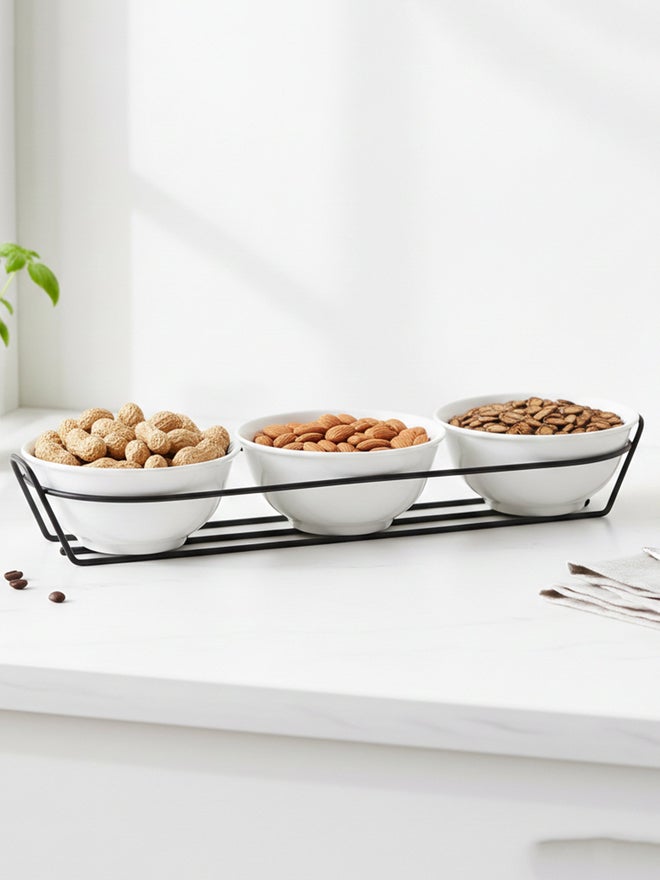 Shallow 3-Piece Round Porcelain Bowls with Metal Stand, 13cm - Image 4