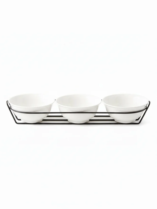 Shallow 3-Piece Round Porcelain Bowls with Metal Stand, 13cm