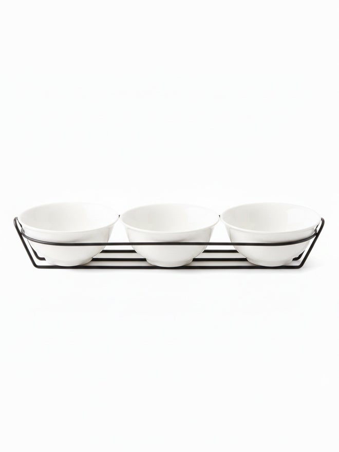 Shallow 3-Piece Round Porcelain Bowls with Metal Stand, 13cm - Image 1