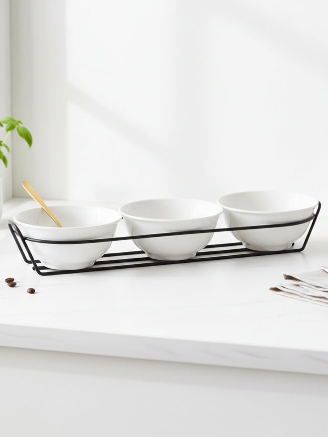 Shallow 3-Piece Round Porcelain Bowls with Metal Stand, 13cm - Image 5