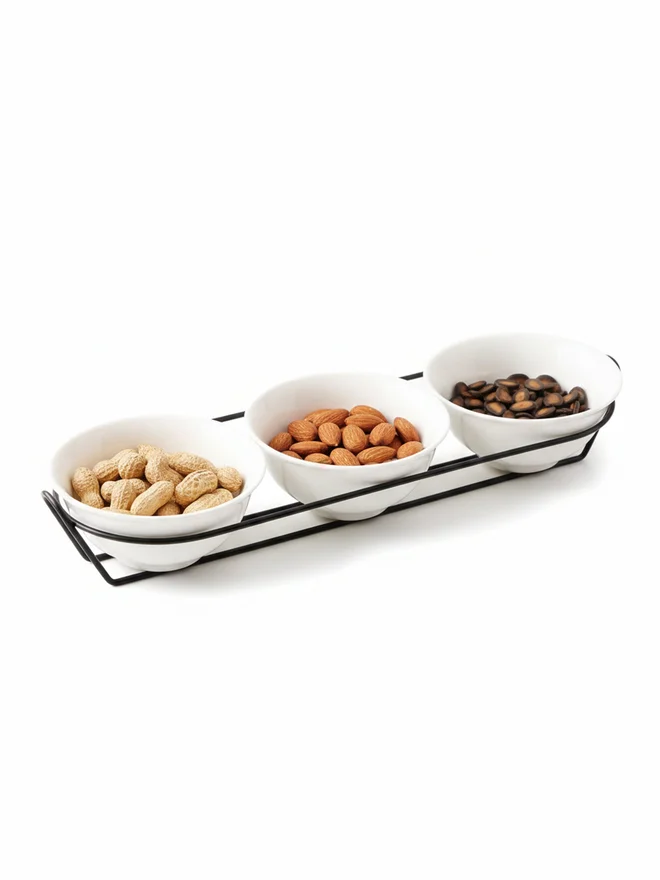 Shallow 3-Piece Round Porcelain Bowls with Metal Stand, 13cm