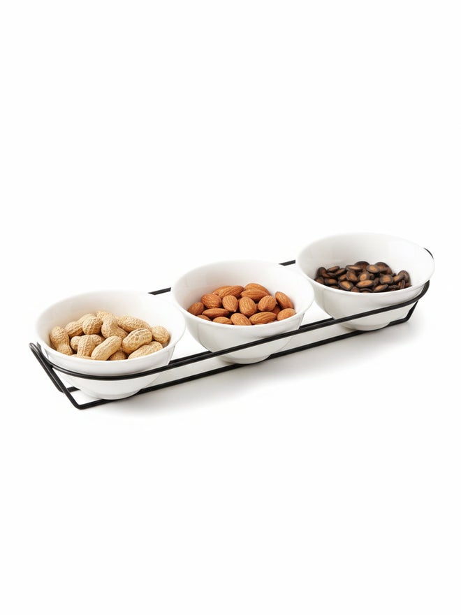 Shallow 3-Piece Round Porcelain Bowls with Metal Stand, 13cm - Image 2