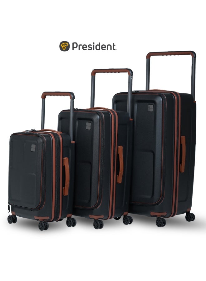 President حقائب سفر بمقبض عريض | طراز صندوق | سعة كبيرة عصرية مع منفذ USB، مادة PC، عجلات دوارة هادئة 360°، حقيبة صلبة بحجم 20-25-29 بوصة للسفر / أسود - Image 1