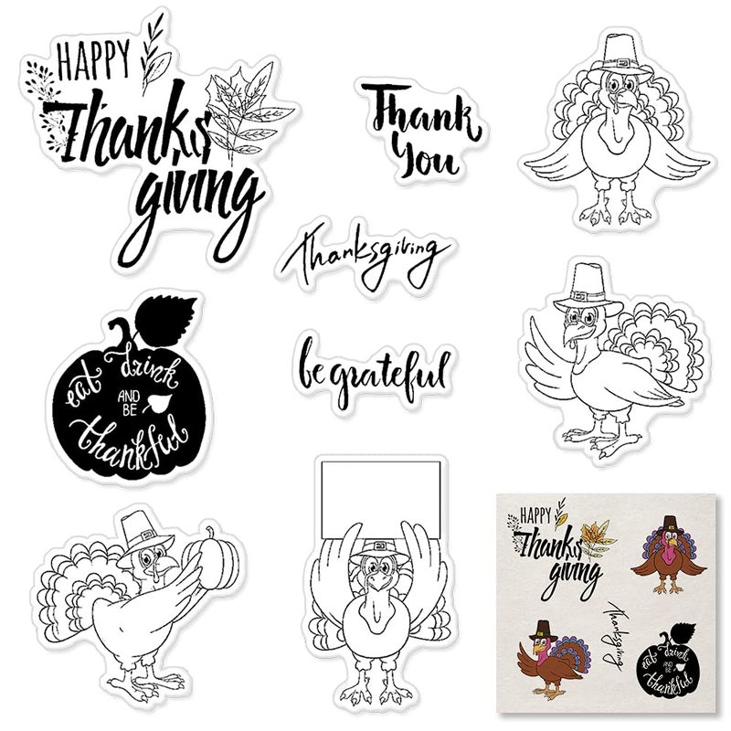 Autumn Thanksgiving Turkey Leaves Clear Stamps for Card Making and Photo Album Decorations Fall Pumpkins Rubber Stamps Give Thanks Words Stamps Seal for DIY Scrapbooking