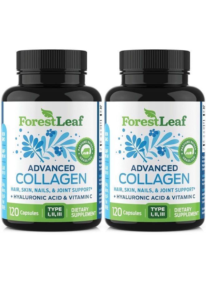 ForestLeaf أقراص الكولاجين مع حمض الهيالورونيك وفيتامين C - تقليل التجاعيد، شد البشرة، تعزيز صحة الشعر والبشرة والأظافر والمفاصل - مكمل ببتيدات الكولاجين المهدرجة - 120 كبسولة (عبوتين)  - Image 1