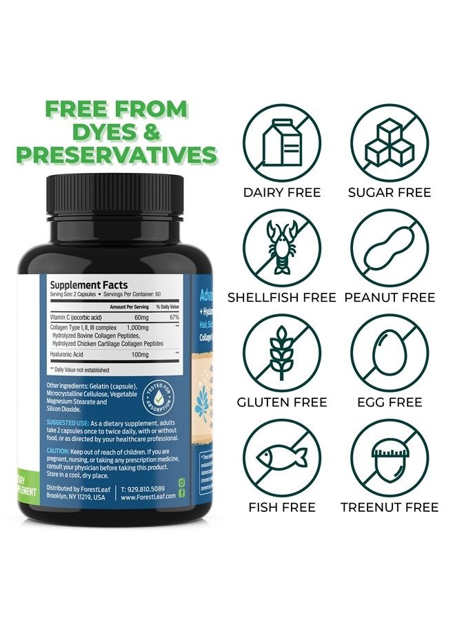 ForestLeaf أقراص الكولاجين مع حمض الهيالورونيك وفيتامين C - تقليل التجاعيد، شد البشرة، تعزيز صحة الشعر والبشرة والأظافر والمفاصل - مكمل ببتيدات الكولاجين المهدرجة - 120 كبسولة (عبوتين)  - Image 5