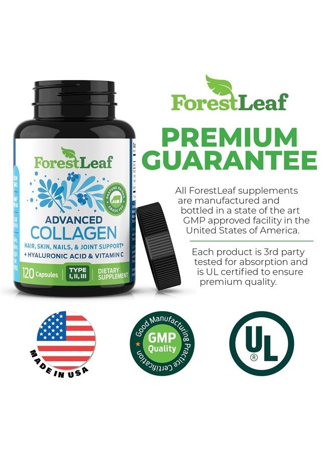 ForestLeaf أقراص الكولاجين مع حمض الهيالورونيك وفيتامين C - تقليل التجاعيد، شد البشرة، تعزيز صحة الشعر والبشرة والأظافر والمفاصل - مكمل ببتيدات الكولاجين المهدرجة - 120 كبسولة (عبوتين)  - Image 2