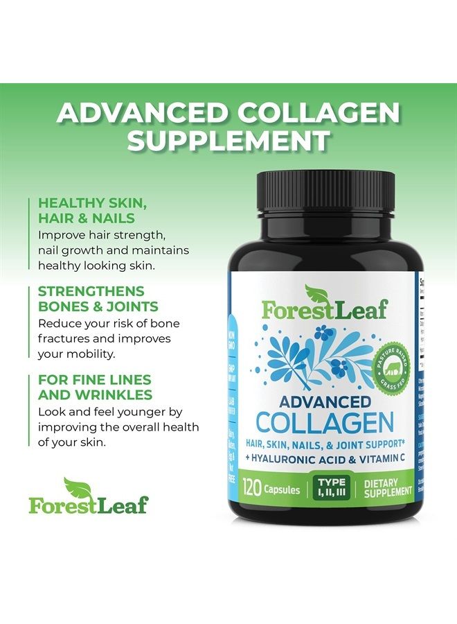 ForestLeaf أقراص الكولاجين مع حمض الهيالورونيك وفيتامين C - تقليل التجاعيد، شد البشرة، تعزيز صحة الشعر والبشرة والأظافر والمفاصل - مكمل ببتيدات الكولاجين المهدرجة - 120 كبسولة (عبوتين)  - Image 4