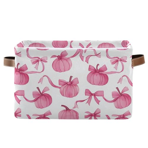 Wamika Pumpkin Bow Pink Storage Basket with Waterproof Liner and PU Handles Fall Storage Bins Boxes 142 Collapsible Decorative Organizer Baskets for Bedroom Closet Office 1 Pack - Image 1