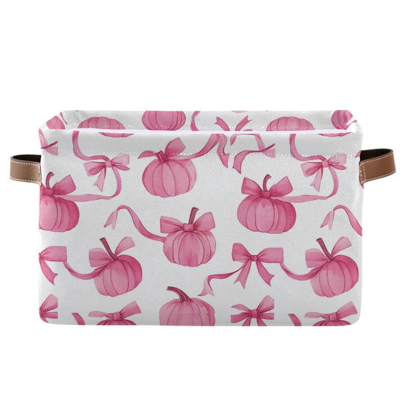 Wamika Pumpkin Bow Pink Storage Basket with Waterproof Liner and PU Handles Fall Storage Bins Boxes 142 Collapsible Decorative Organizer Baskets for Bedroom Closet Office 1 Pack - Image 2
