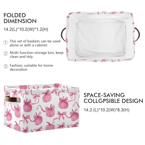 Wamika Pumpkin Bow Pink Storage Basket with Waterproof Liner and PU Handles Fall Storage Bins Boxes 142 Collapsible Decorative Organizer Baskets for Bedroom Closet Office 1 Pack - Image 3