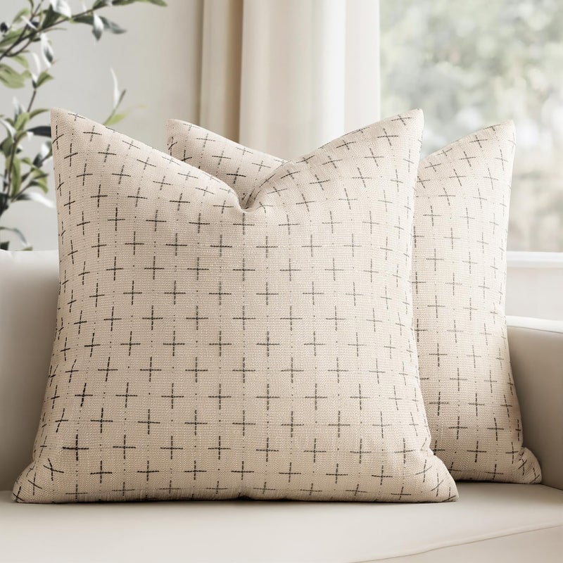 MIULEE Burlap Linen Decorative Christmas Throw Pillow Covers Pack of 2 Modern Farmhouse Pillowcases Rustic Woven Textured Cushion Cover for Sofa Couch Bed 20x20 Inch Beige - Image 1