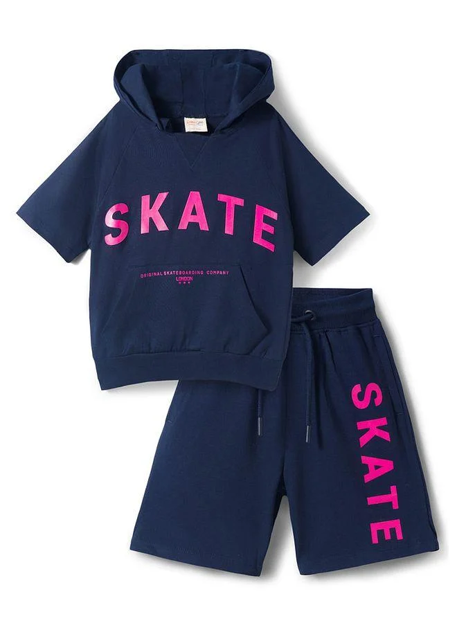 Primo Gino Primo Gino 100% Cotton Knit Hooded T-Shirt and Shorts Set with Gel HD Print and Pocket - Navy Blue
