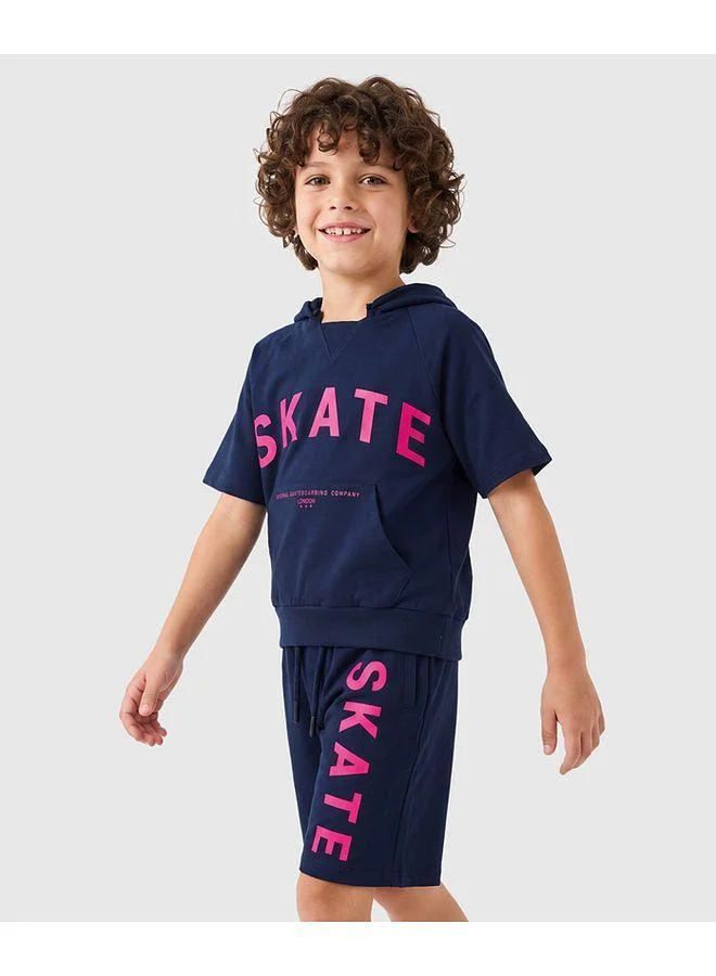 Primo Gino Primo Gino 100% Cotton Knit Hooded T-Shirt and Shorts Set with Gel HD Print and Pocket - Navy Blue