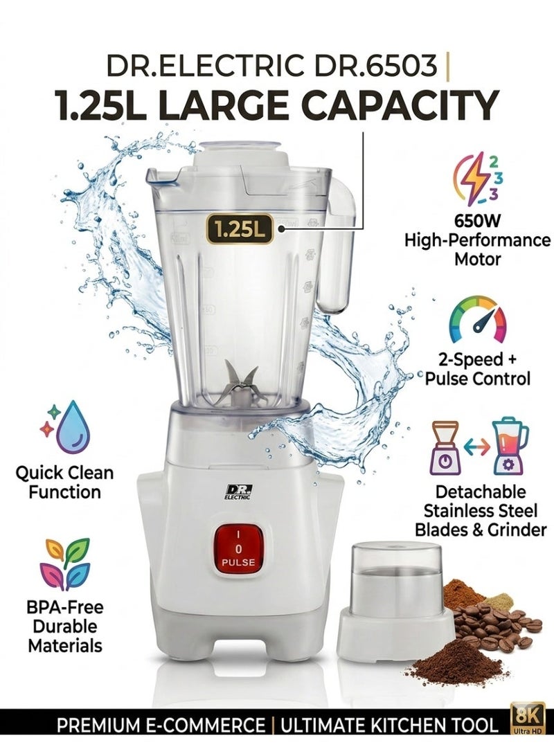 DR.ELECTRIC Electric Blender 2 in 1, 650W, 1.25L, 2 Speeds with Pulse, Stainless Steel Blades, with Grinder, White, DR.6503 - Image 5