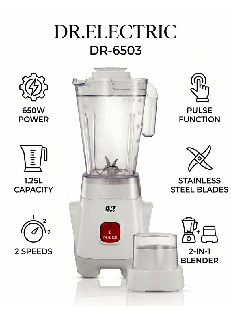 DR.ELECTRIC Electric Blender 2 in 1, 650W, 1.25L, 2 Speeds with Pulse, Stainless Steel Blades, with Grinder, White, DR.6503 - Image 4