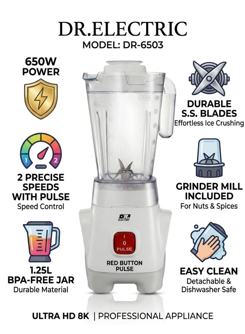 DR.ELECTRIC Electric Blender 2 in 1, 650W, 1.25L, 2 Speeds with Pulse, Stainless Steel Blades, with Grinder, White, DR.6503 - Image 3