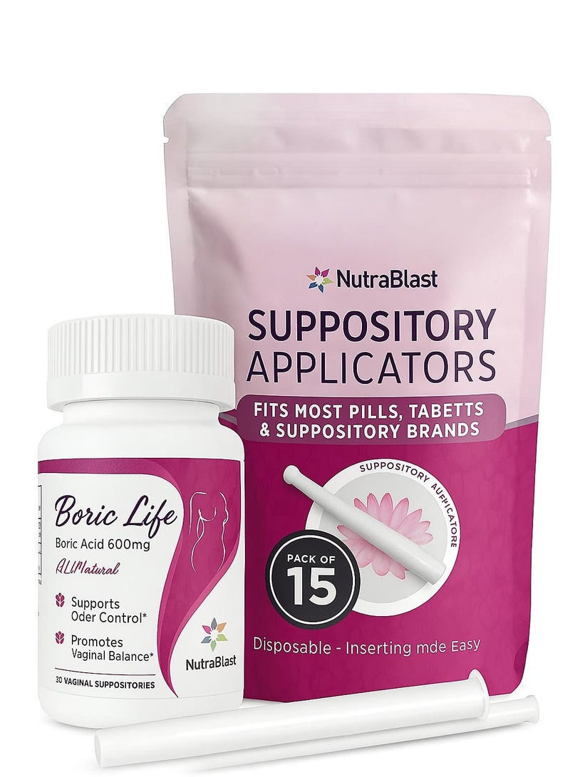 NutraBlast Nutroplaste Boric Acid Suppositories for Women – 600 mg for pH Balance – Pack of 30 Suppositories with 15 Applicator Tubes - Image 1