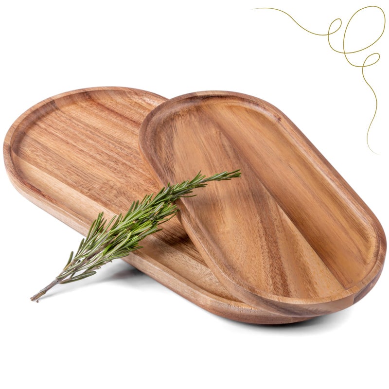 SPEShh Acacia Wooden Serving Trays Set of 2  Rectangular Oval Shaped Wood Plates for Charcuterie Cheese Bread Fruit Vegetable Dip Sushi  Rustic Serving Platter Shallow Dishes 14x7  11x55 In