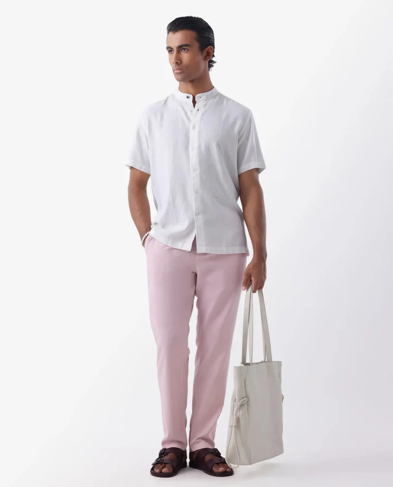 Rare Rabbit Rare Rabbit Mens Reric Pastel Pink Linen Blend Drawstring Closure Solid Linen Trouser